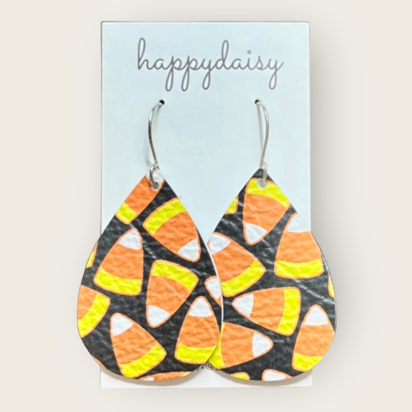 Halloween Candy Corn Print Orange Yellow Black Teardrop Leather Earrings