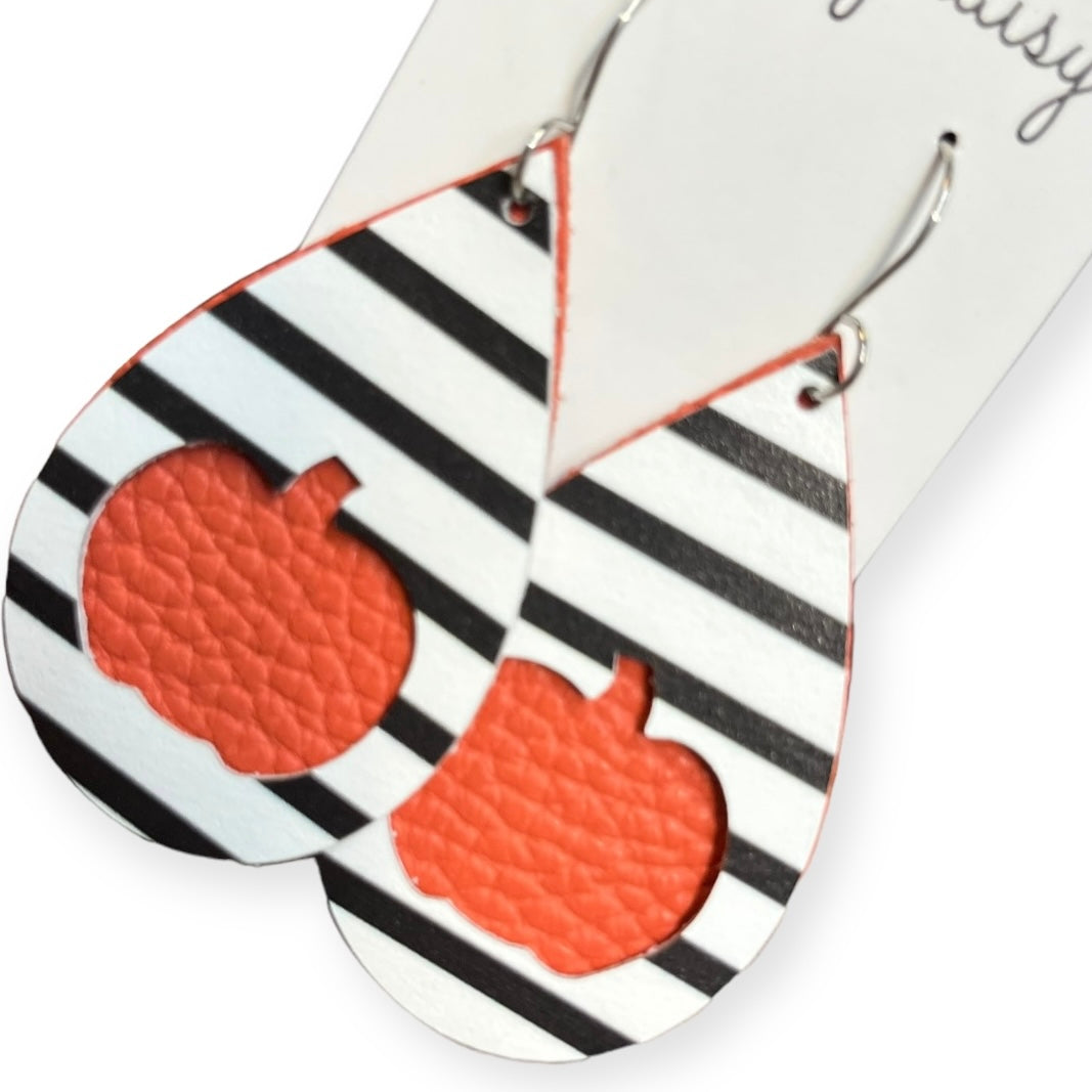 Fall Black and White Stripes with Orange Pumpkin Cut-out Double Layer Leather Teardrop Earrings