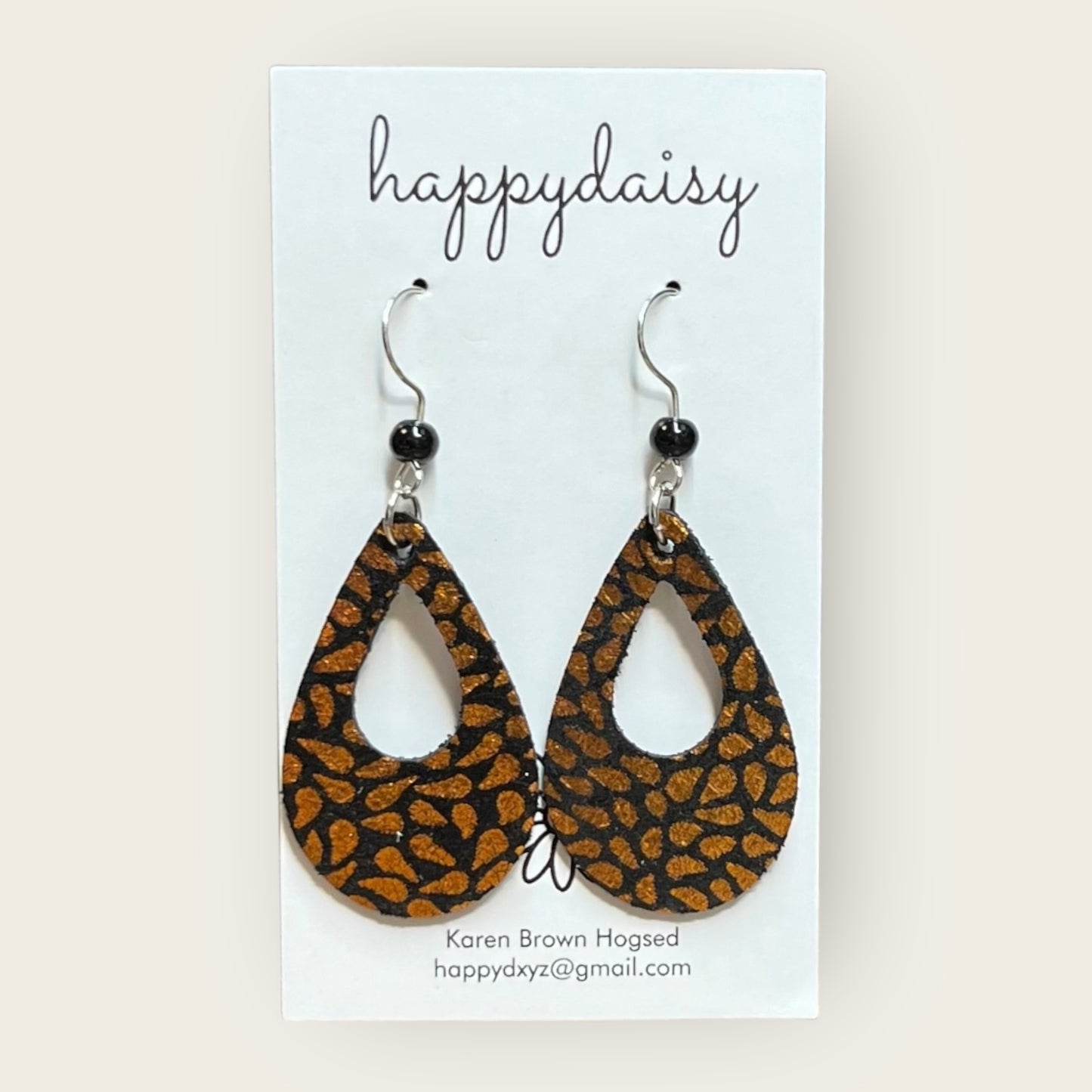 Halloween Orange Metallic Print on Black Leather Teardrop Earrings