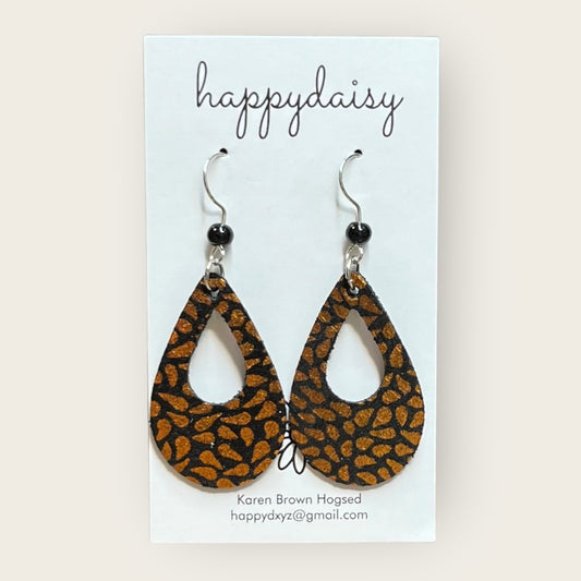 Halloween Orange Metallic Print on Black Leather Teardrop Earrings