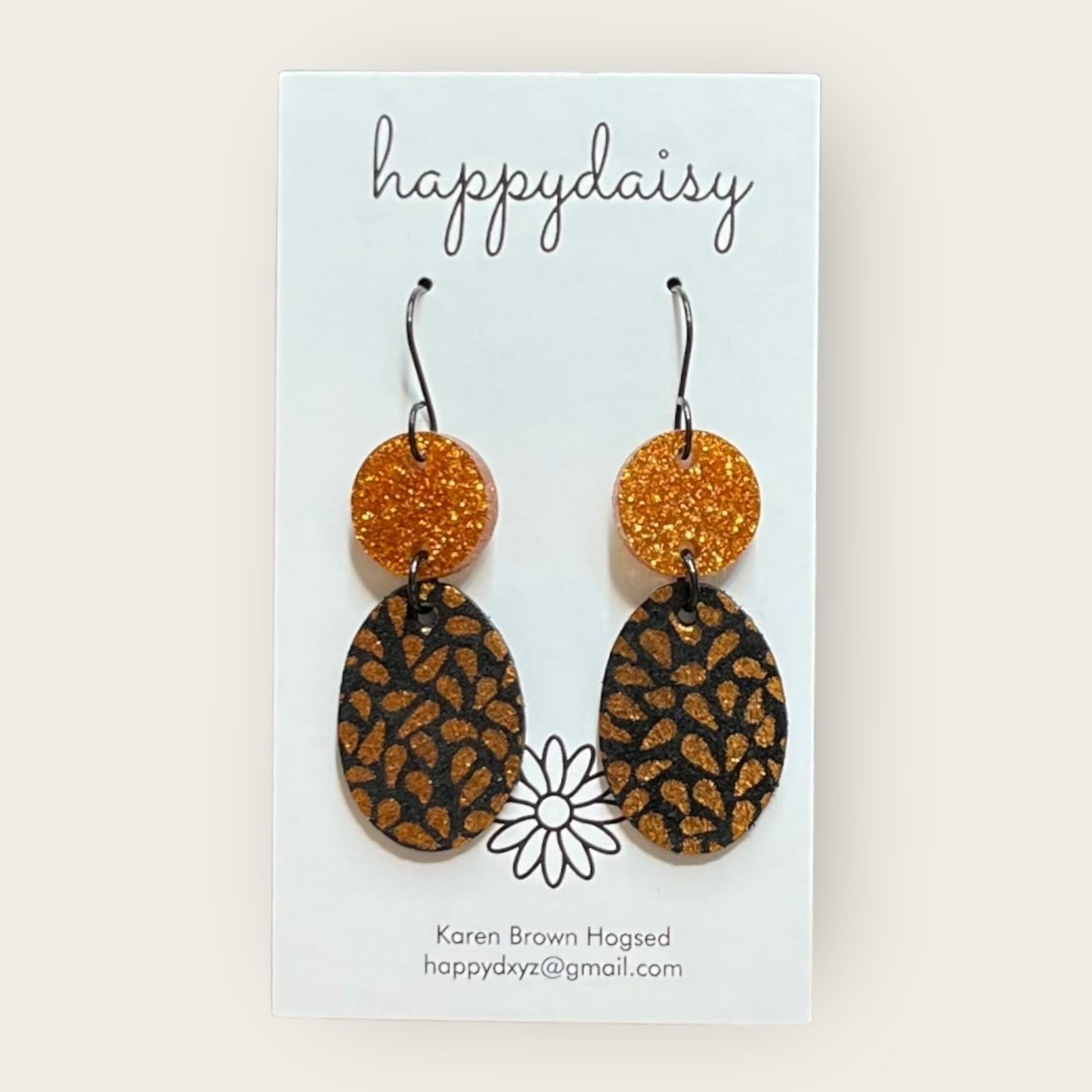 Halloween Orange Metallic Print on Black Leather Earrings