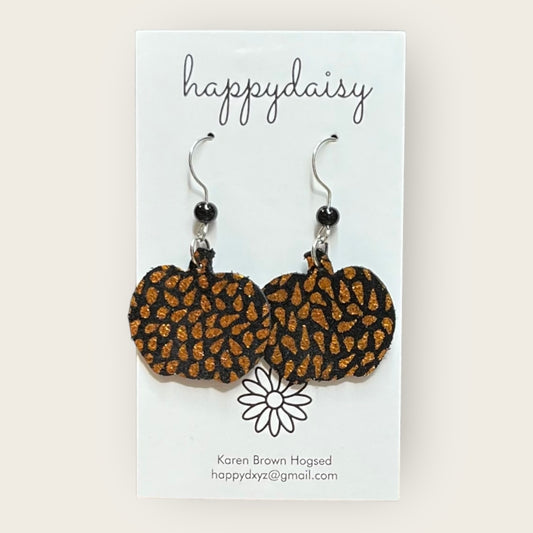 Halloween Pumpkin-Shaped Orange Metallic Print on Black Leather Earrings