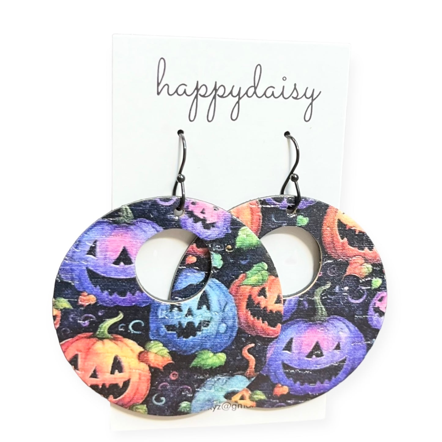 Halloween Jack-o-lantern Print Orange Purple Black Cork on Leather "Mandy" Earrings