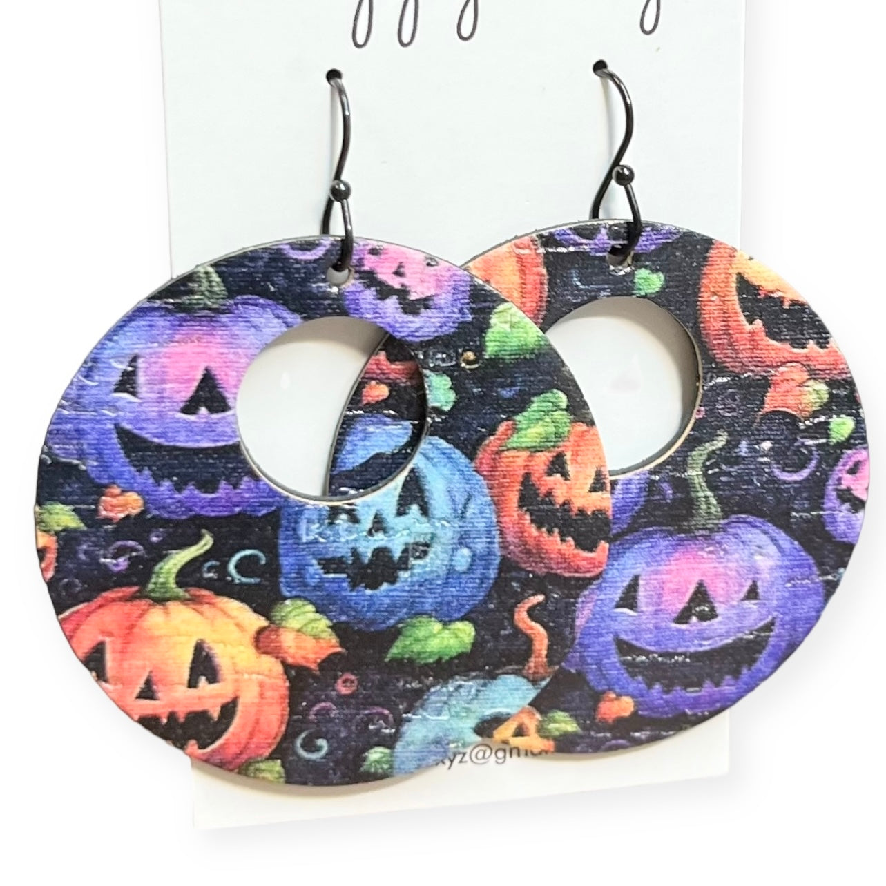 Halloween Jack-o-lantern Print Orange Purple Black Cork on Leather "Mandy" Earrings