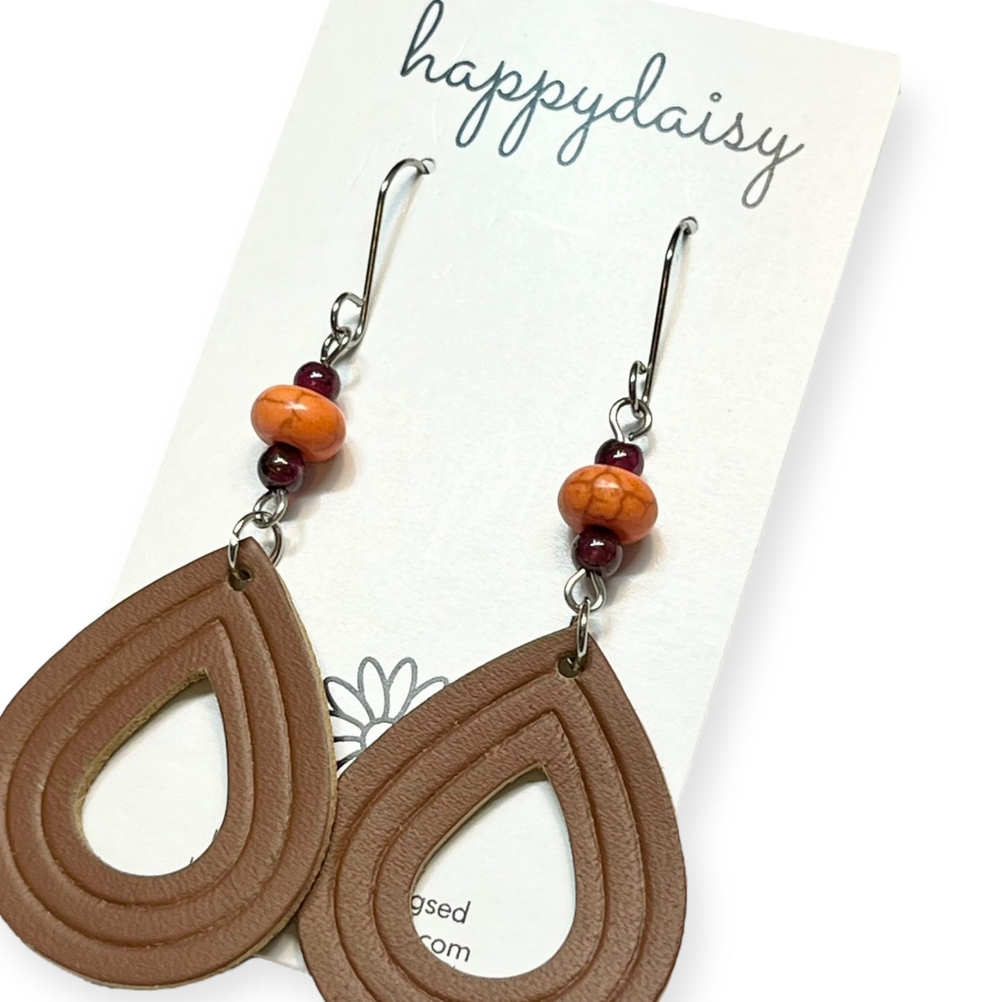 Fall Brown Embossed Teardrop Leather Earrings