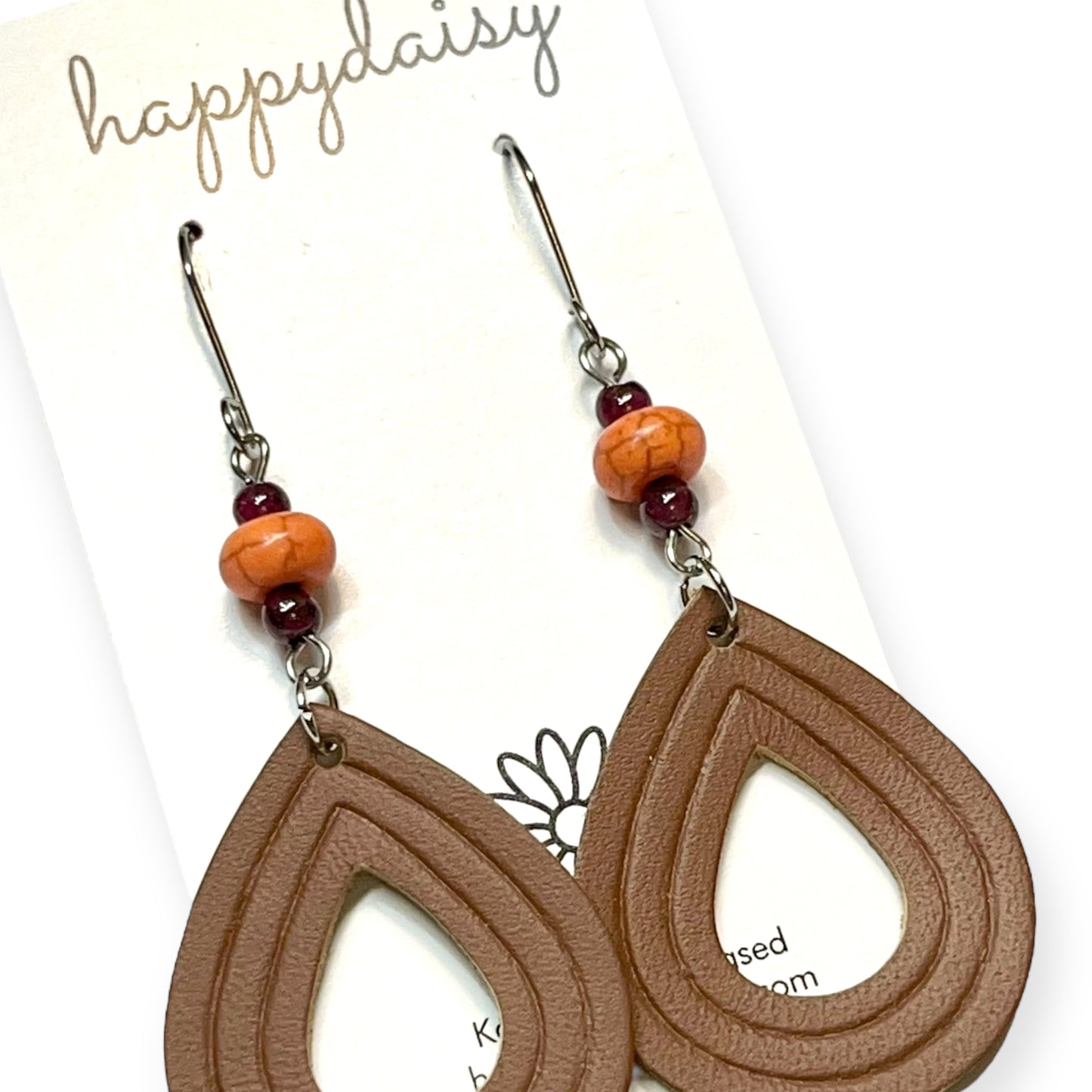 Fall Brown Embossed Teardrop Leather Earrings