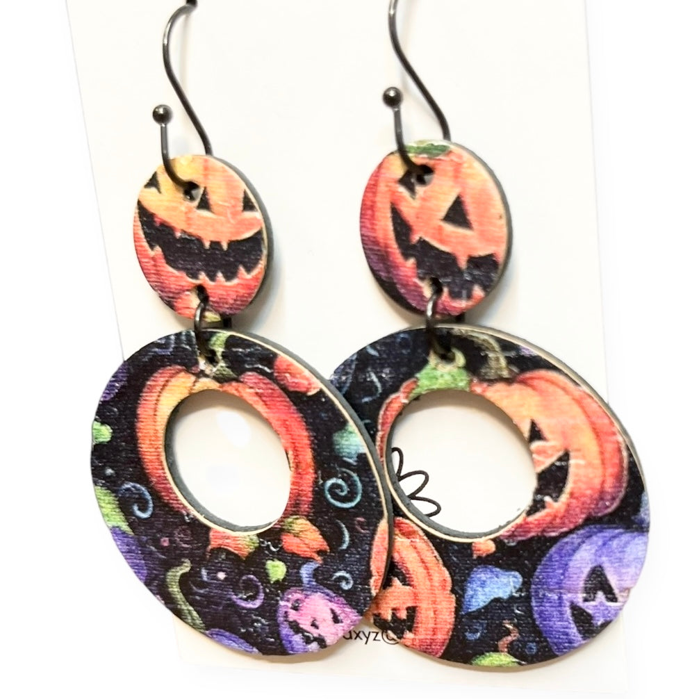 Halloween Jack-o-lantern Print Orange Purple Black Cork on Leather "Mandy" Earrings