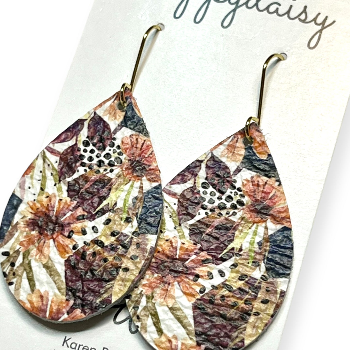 Fall Floral Print Burgandy Orange Leather Teardrop Earrings