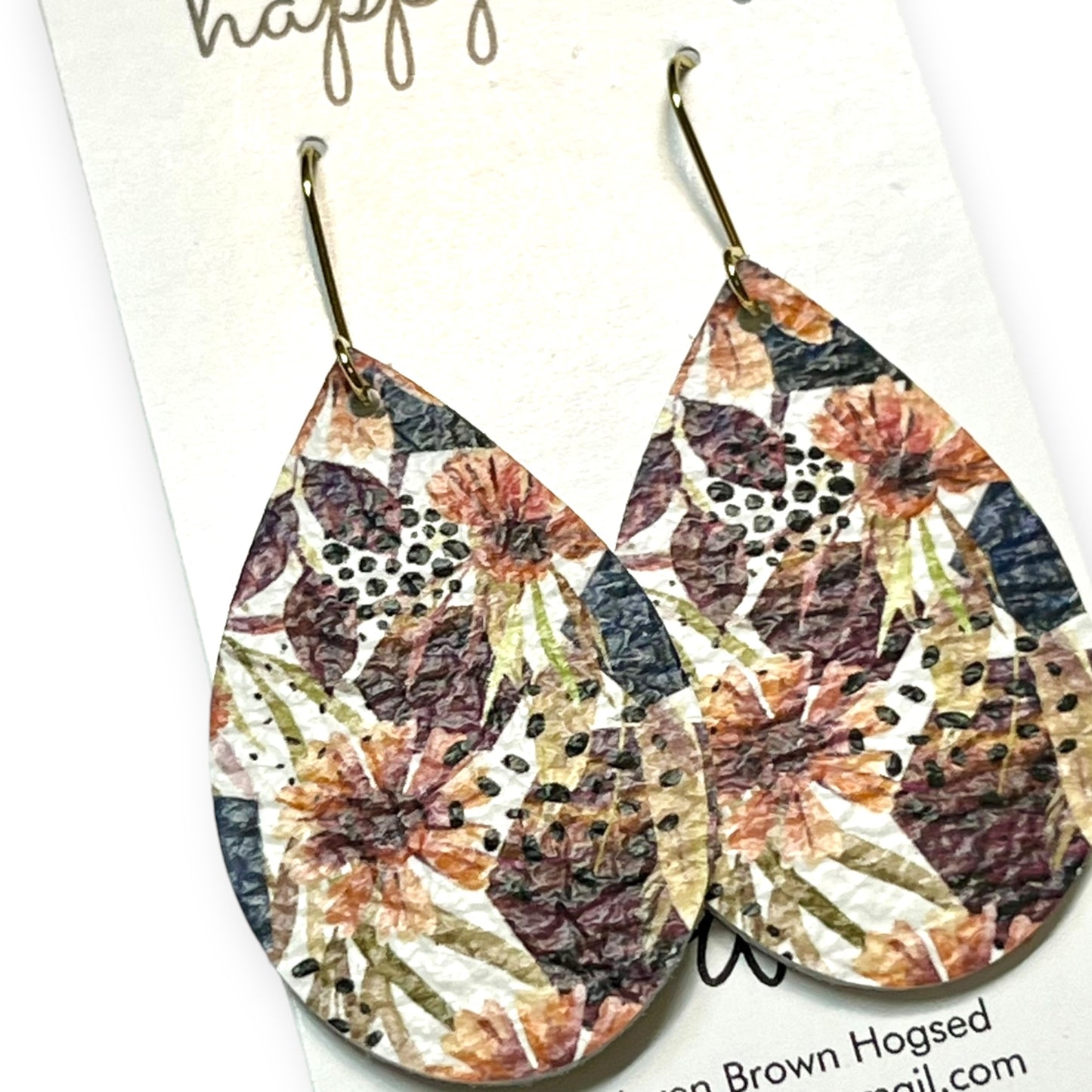 Fall Floral Print Burgandy Orange Leather Teardrop Earrings