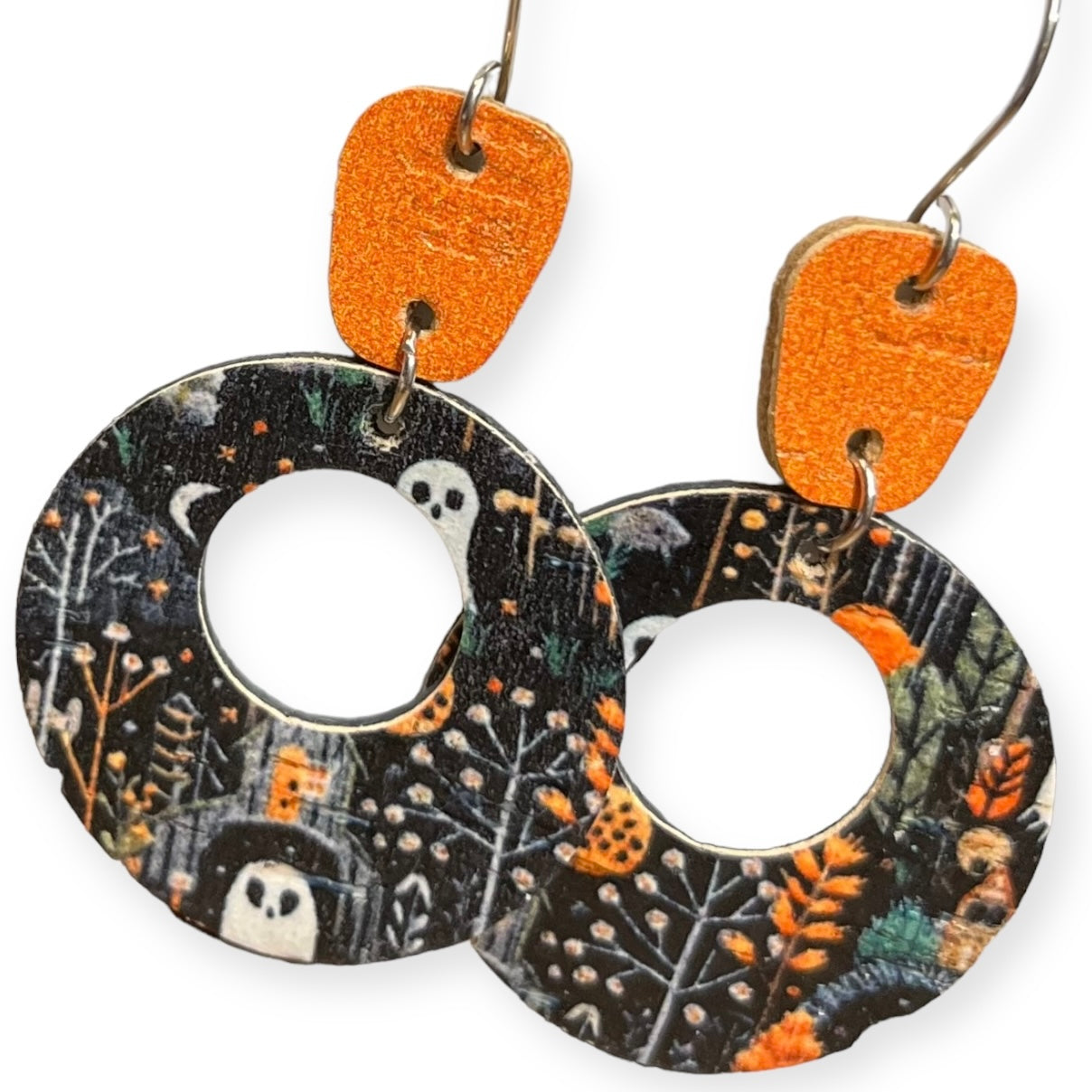 Halloween Print Orange Black Cork on Leather "Mandy" Earrings