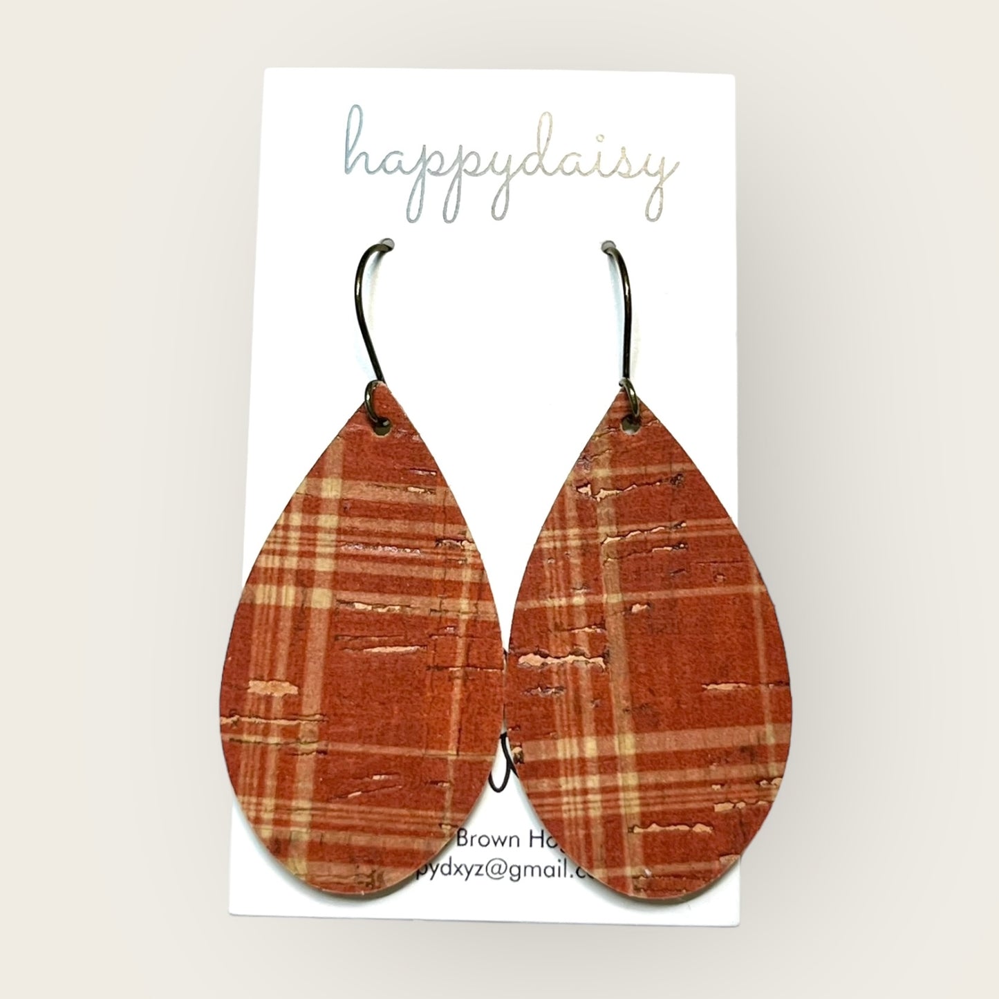 Fall Plaid Rust and Tan Cork on Leather Teardrop Earrings