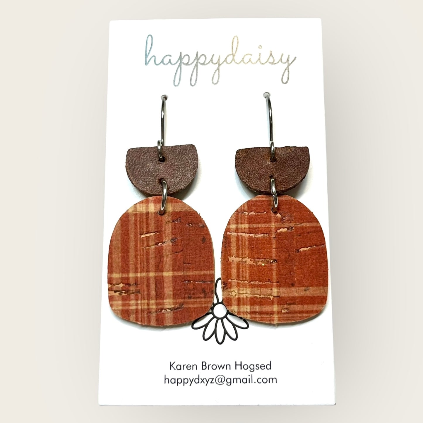 Fall Plaid Rust and Tan Cork on Leather Earrings