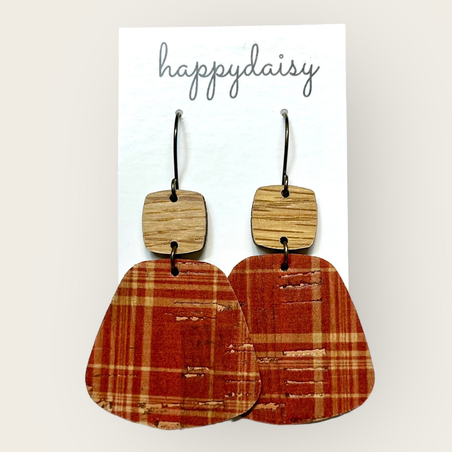 Fall Plaid Rust and Tan Cork on Leather Earrings