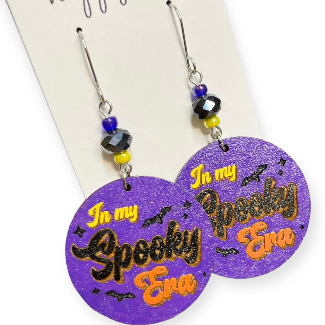 Halloween Purple Orange Yellow Circle Wooden "In my Spooky Era" Earrings with Beads