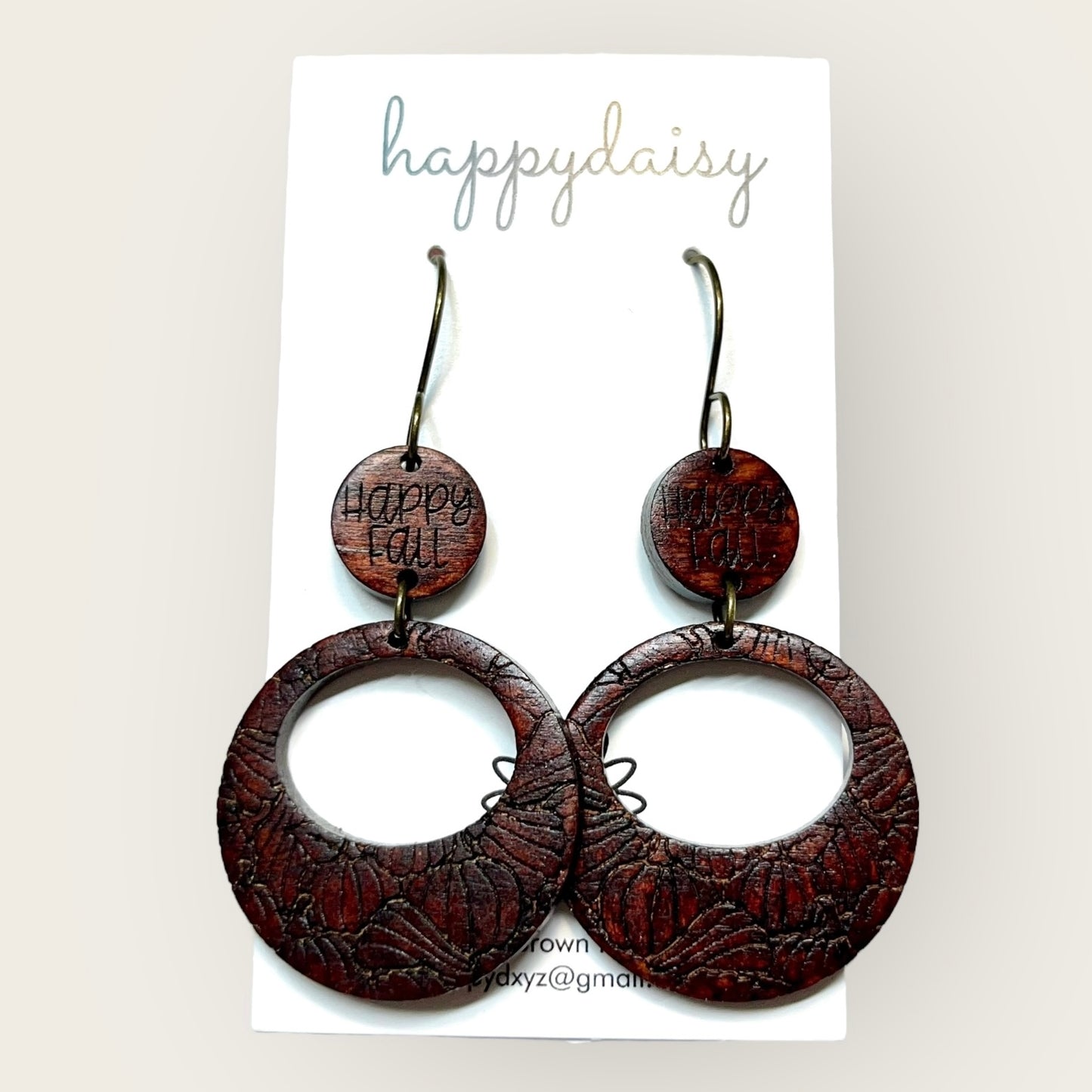 Fall "Happy Fall" Pumpkin Engraved Brown Wooden Earrings