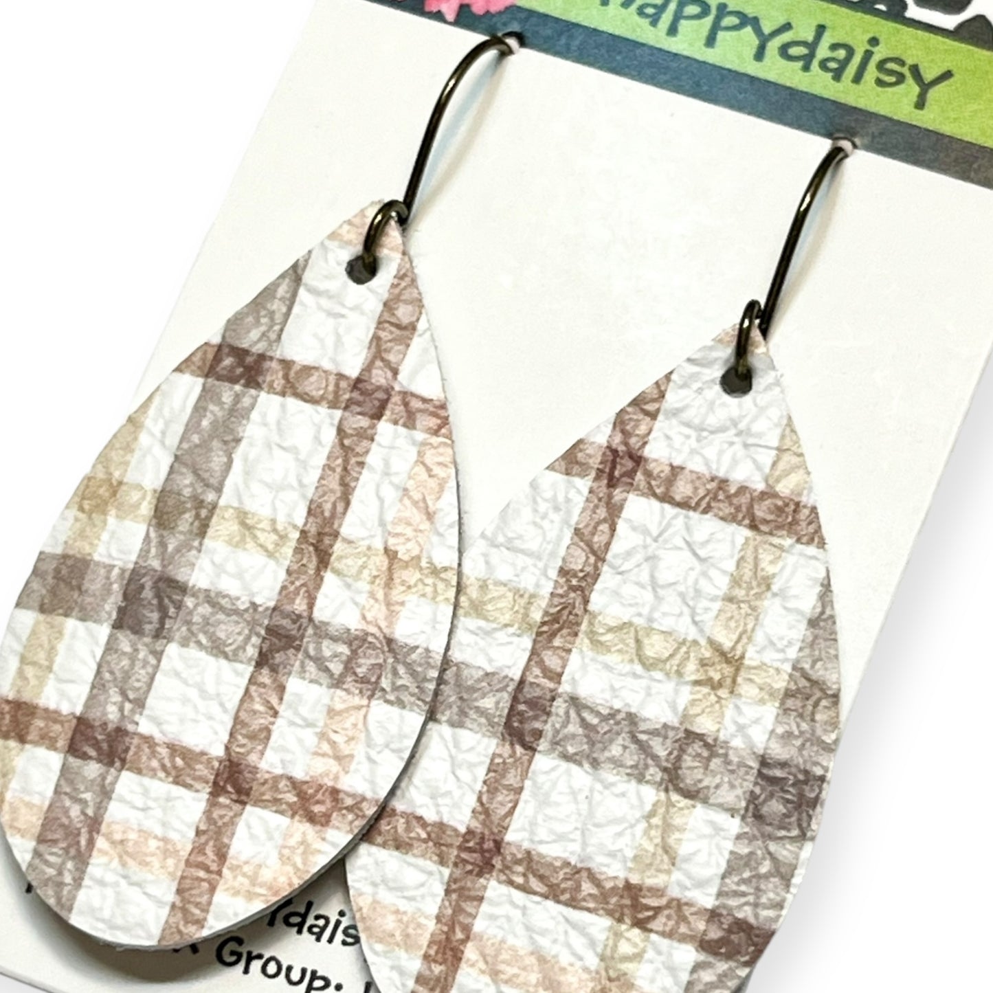 Fall Plaid Print Brown Taupe Tan Leather Teardrop Earrings