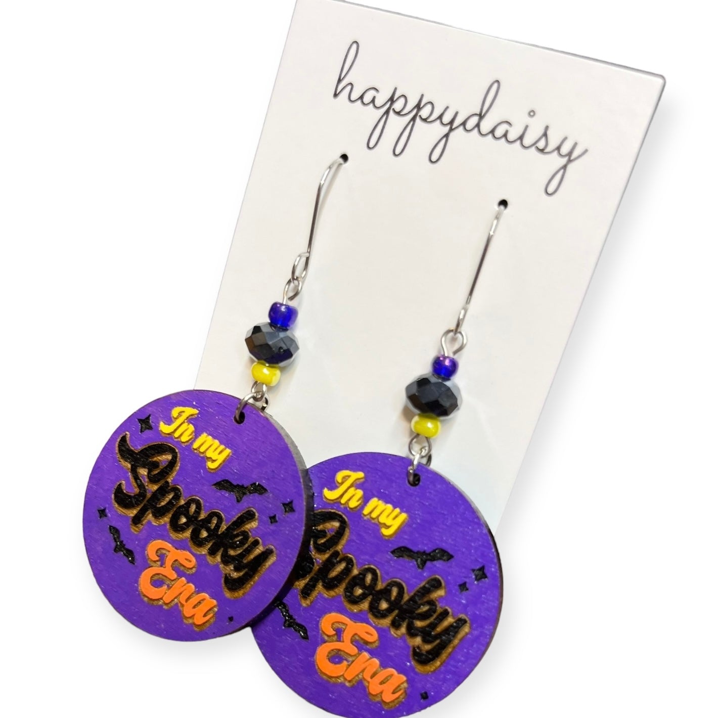 Halloween Purple Orange Yellow Circle Wooden "In my Spooky Era" Earrings with Beads