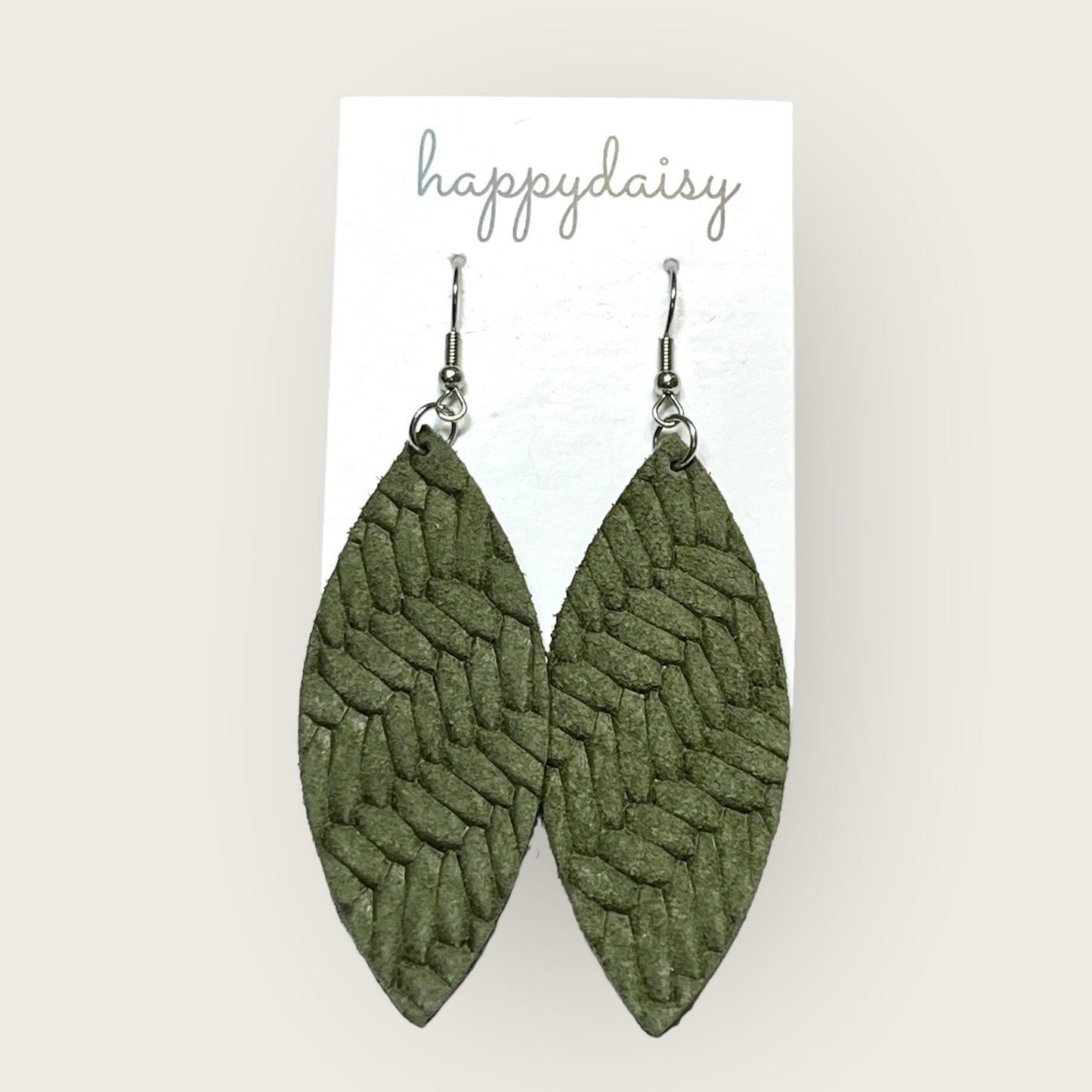 Fall Olive Green Braid Embossed Leather Leaf Earrings