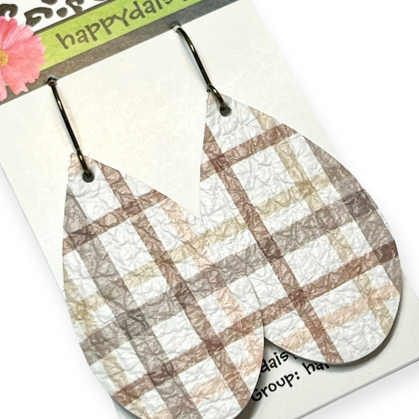 Fall Plaid Print Brown Taupe Tan Leather Teardrop Earrings