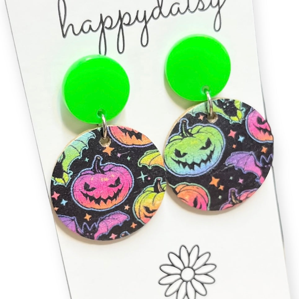 Halloween Jack-o-lantern Print Neon Cork on Leather Earrings