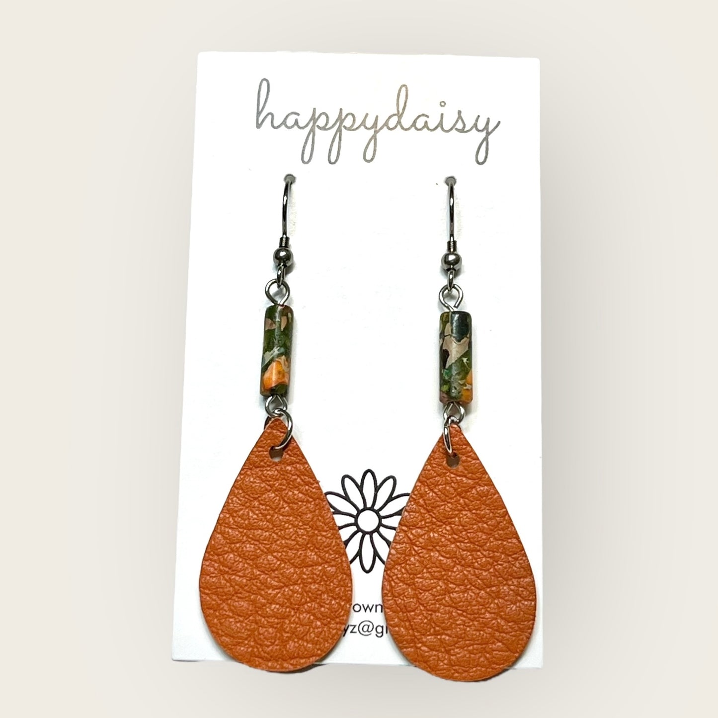 Fall Orange Leather Teardrop Earrings with Bead Accents