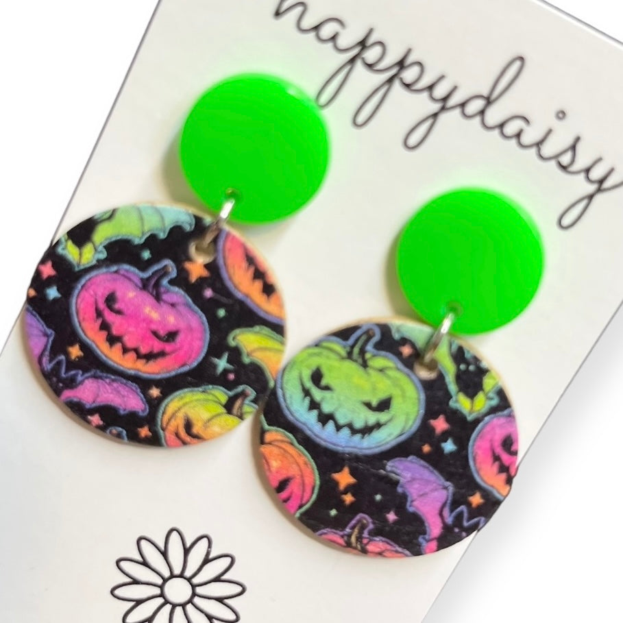 Halloween Jack-o-lantern Print Neon Cork on Leather Earrings