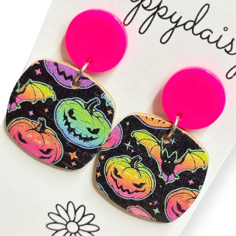 Halloween Jack-o-lantern Print Neon Cork on Leather Earrings