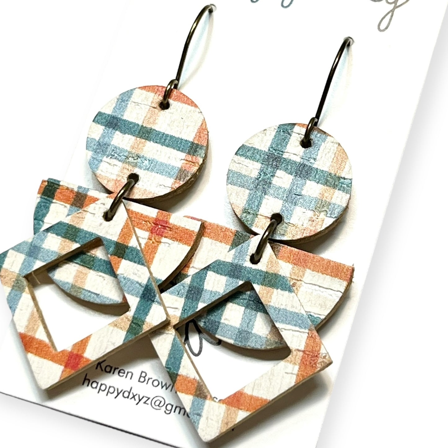 Fall Plaid Orange Turquoise Geometric Cork on Leather Earrings