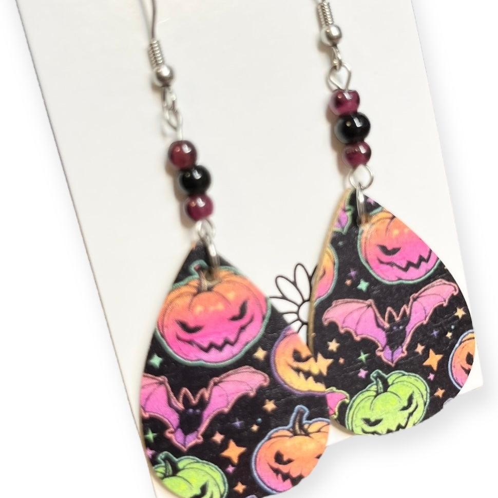 Halloween Jack-o-lantern Print Neon Cork on Leather Teardrop Earrings with Beads