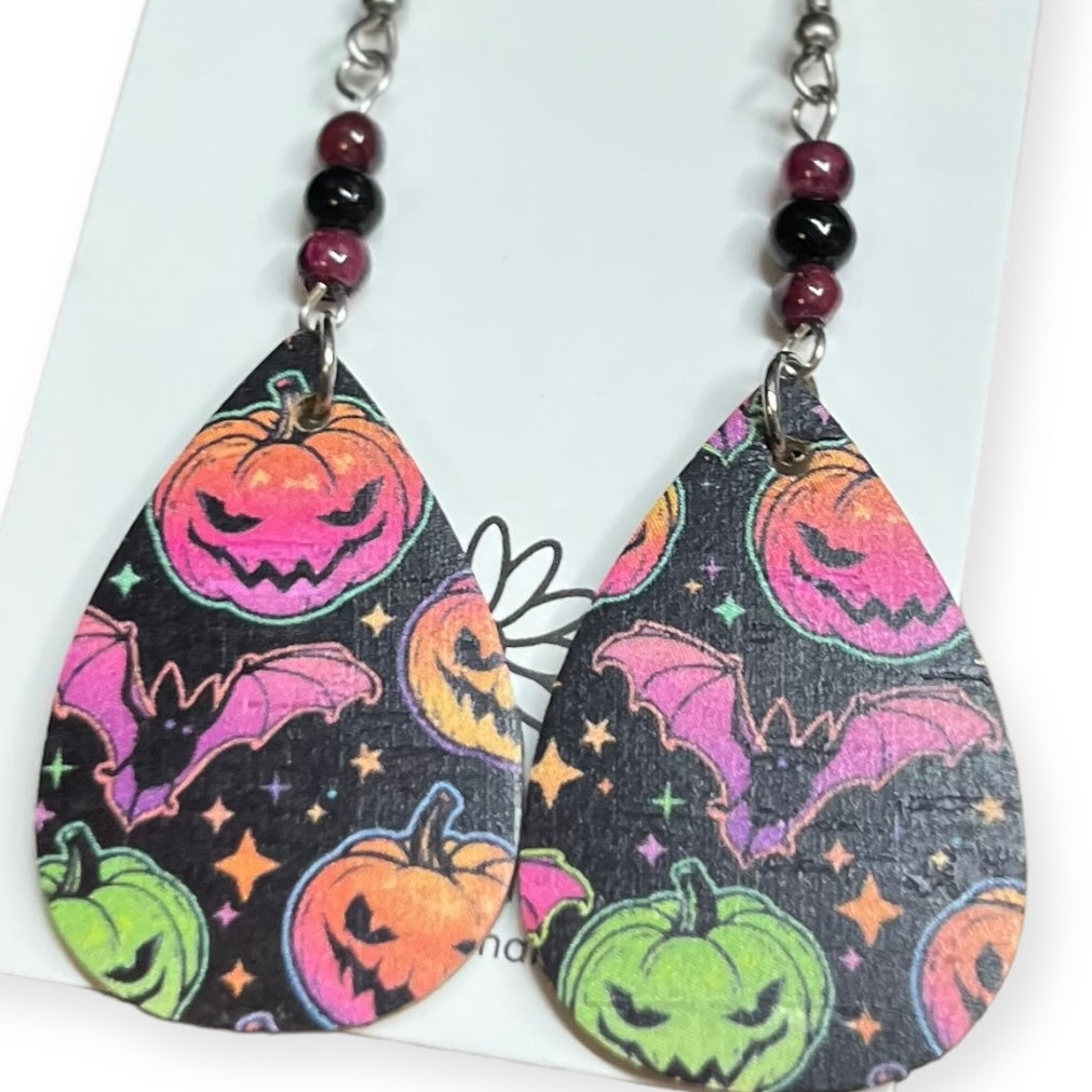 Halloween Jack-o-lantern Print Neon Cork on Leather Teardrop Earrings with Beads