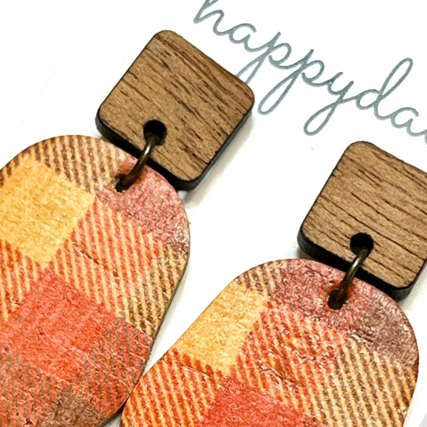 Fall Plaid Orange Yellow Brown Cork on Leather Earrings