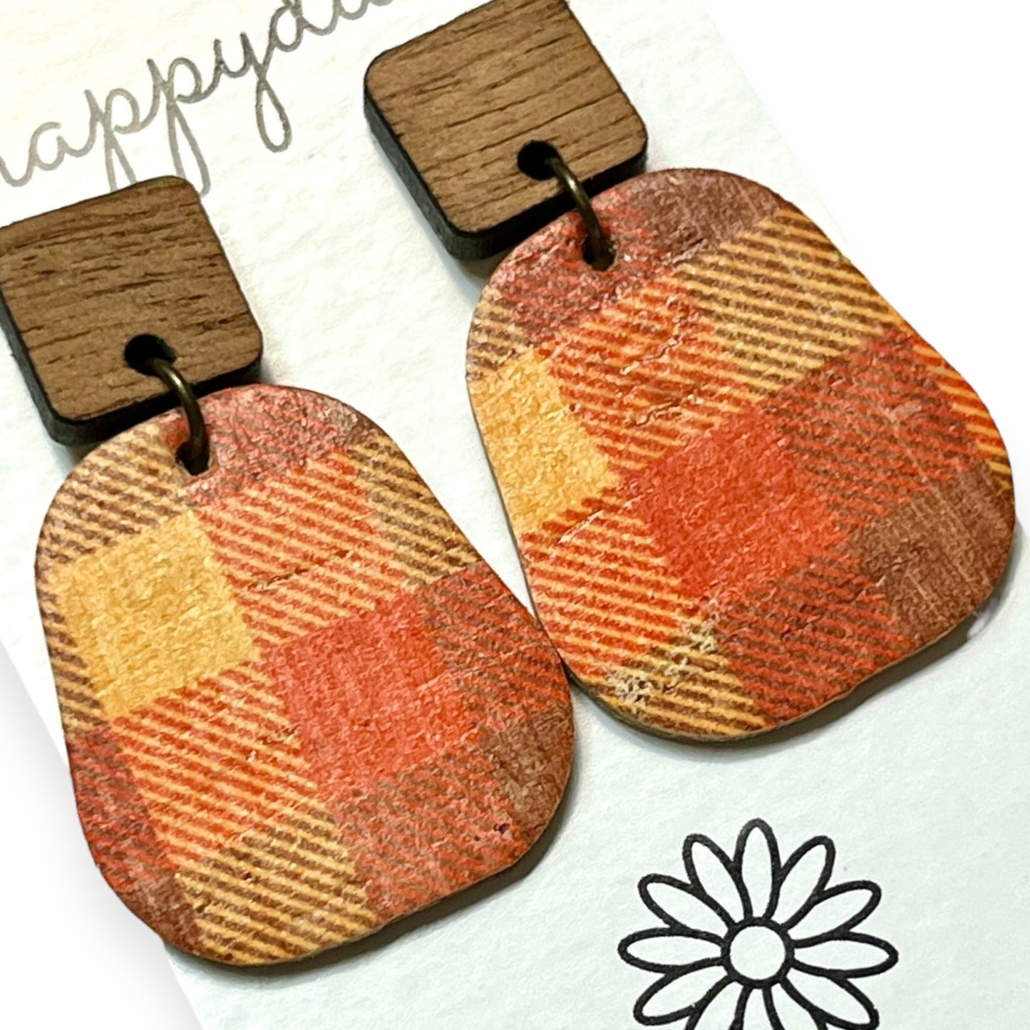 Fall Plaid Orange Yellow Brown Cork on Leather Earrings