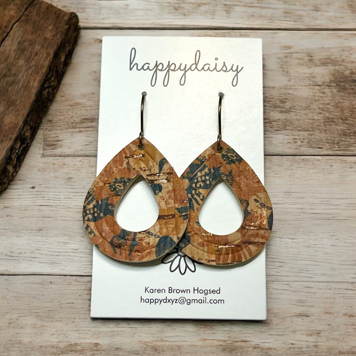 Fall Floral Print Brown Tan Navy Cork on Leather Embossed Teardrop Earrings