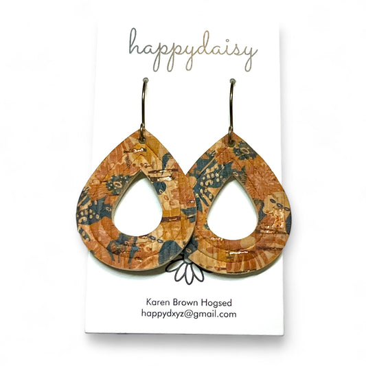 Fall Floral Print Brown Tan Navy Cork on Leather Embossed Teardrop Earrings