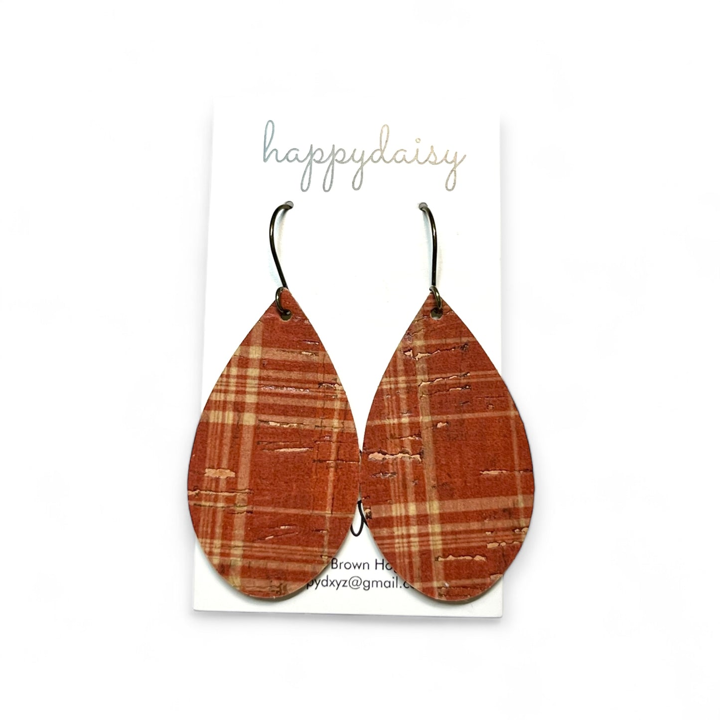 Fall Plaid Rust and Tan Cork on Leather Teardrop Earrings