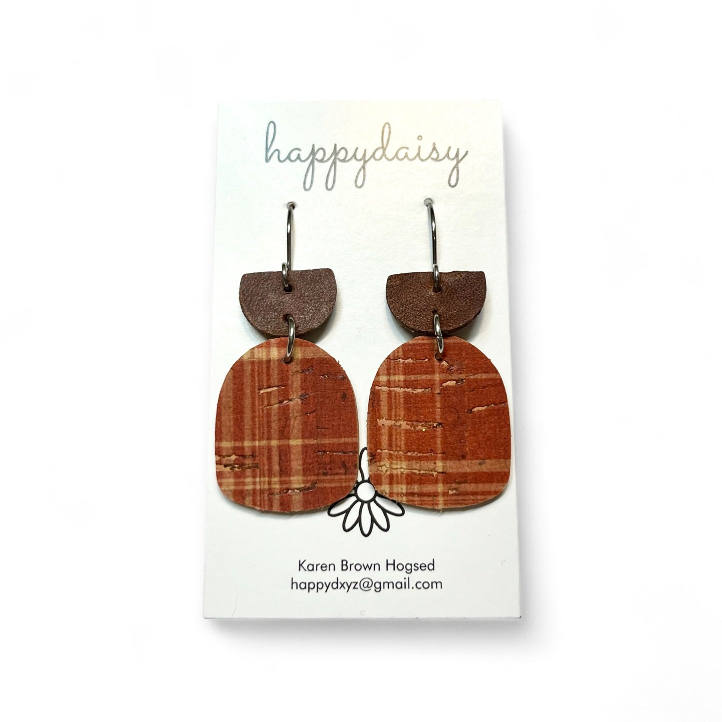 Fall Plaid Rust and Tan Cork on Leather Earrings