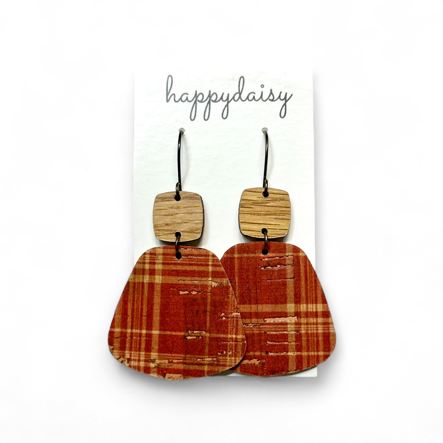 Fall Plaid Rust and Tan Cork on Leather Earrings