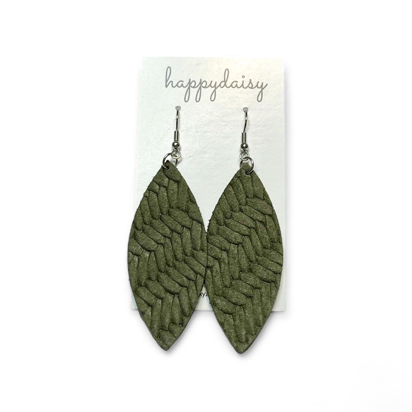 Fall Olive Green Braid Embossed Leather Leaf Earrings