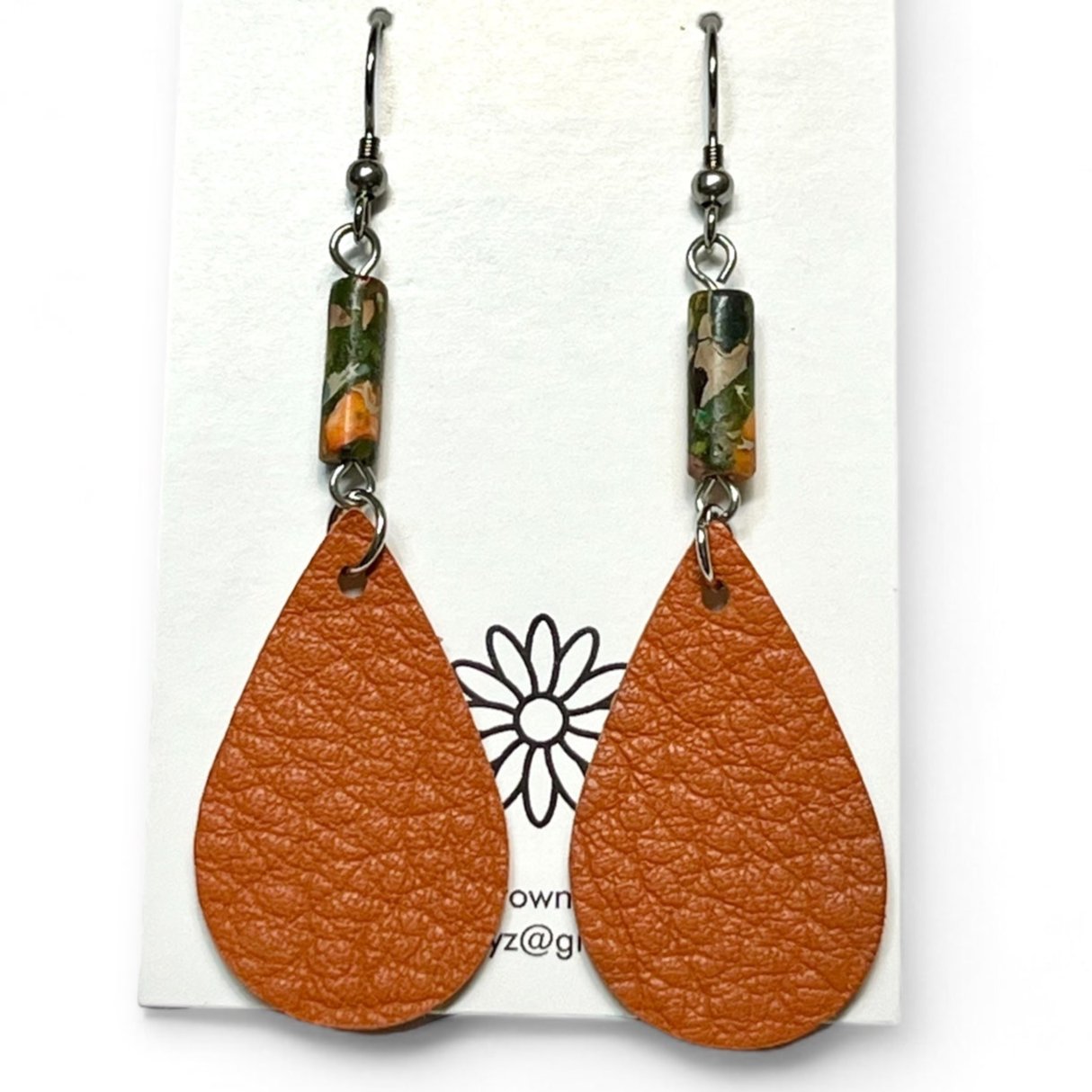 Fall Orange Leather Teardrop Earrings with Bead Accents