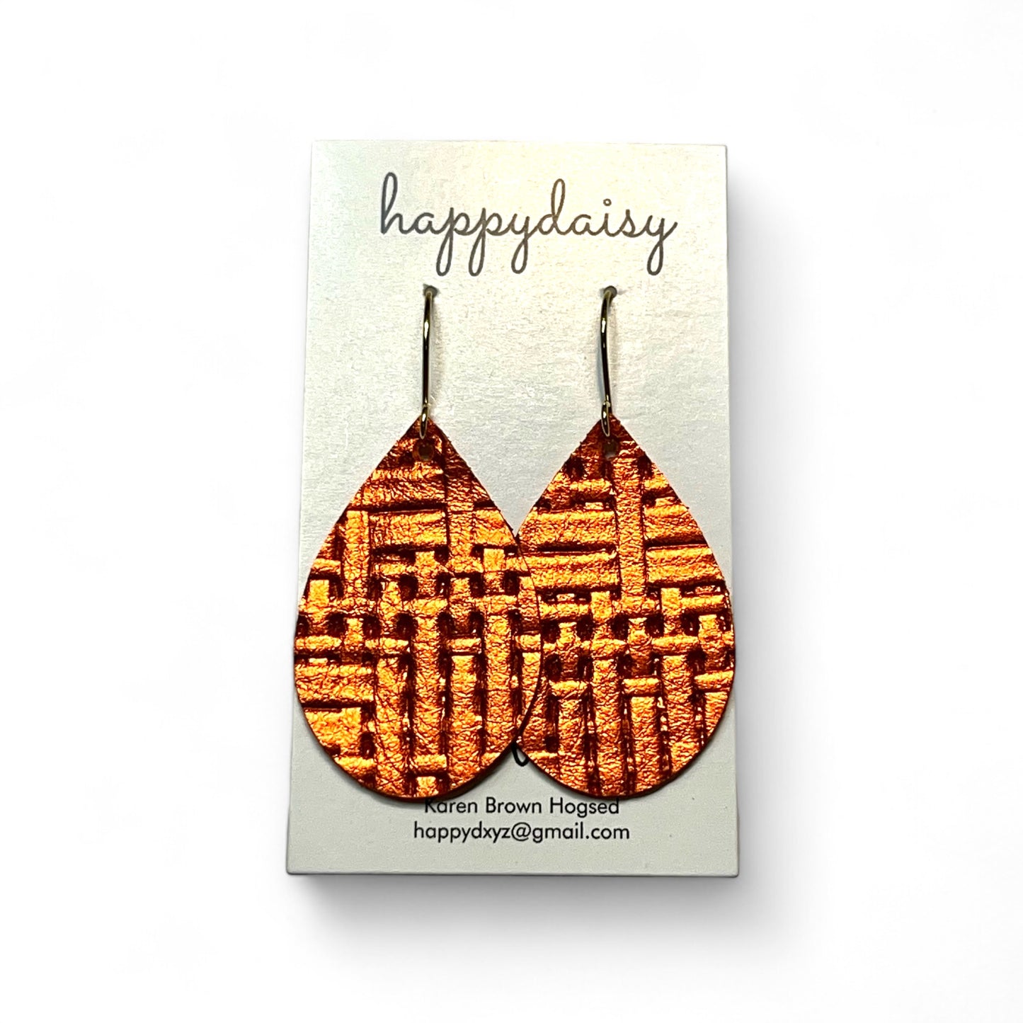 Fall Weave Embossed Metallic Orange Leather Teardrop Earrings