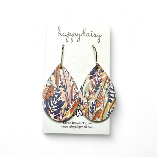 Fall Floral Print Rust Pink Purple Cork on Leather Teardrop Earrings