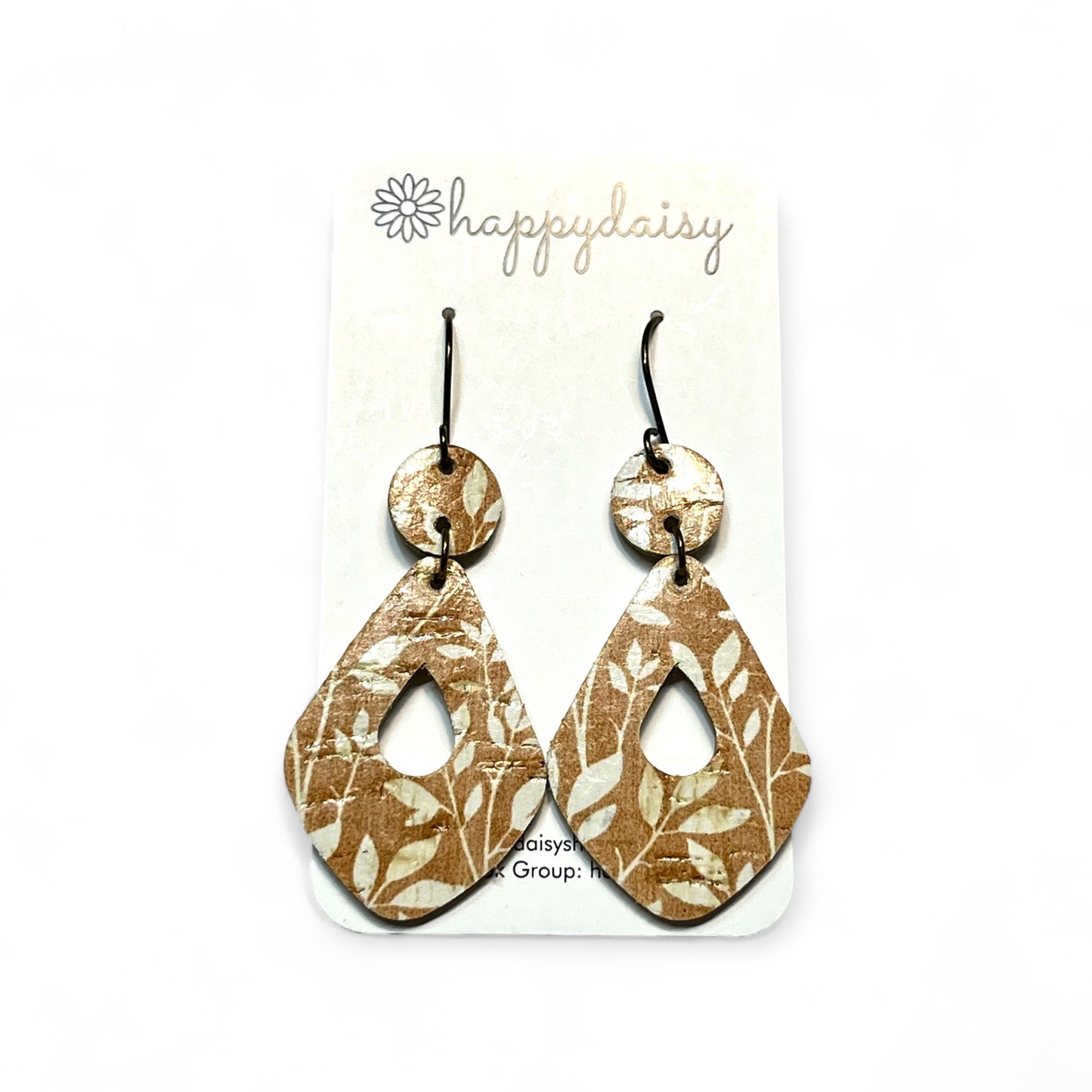 Fall Floral Print Brown and White Cork on Leather "Tina" Earrings