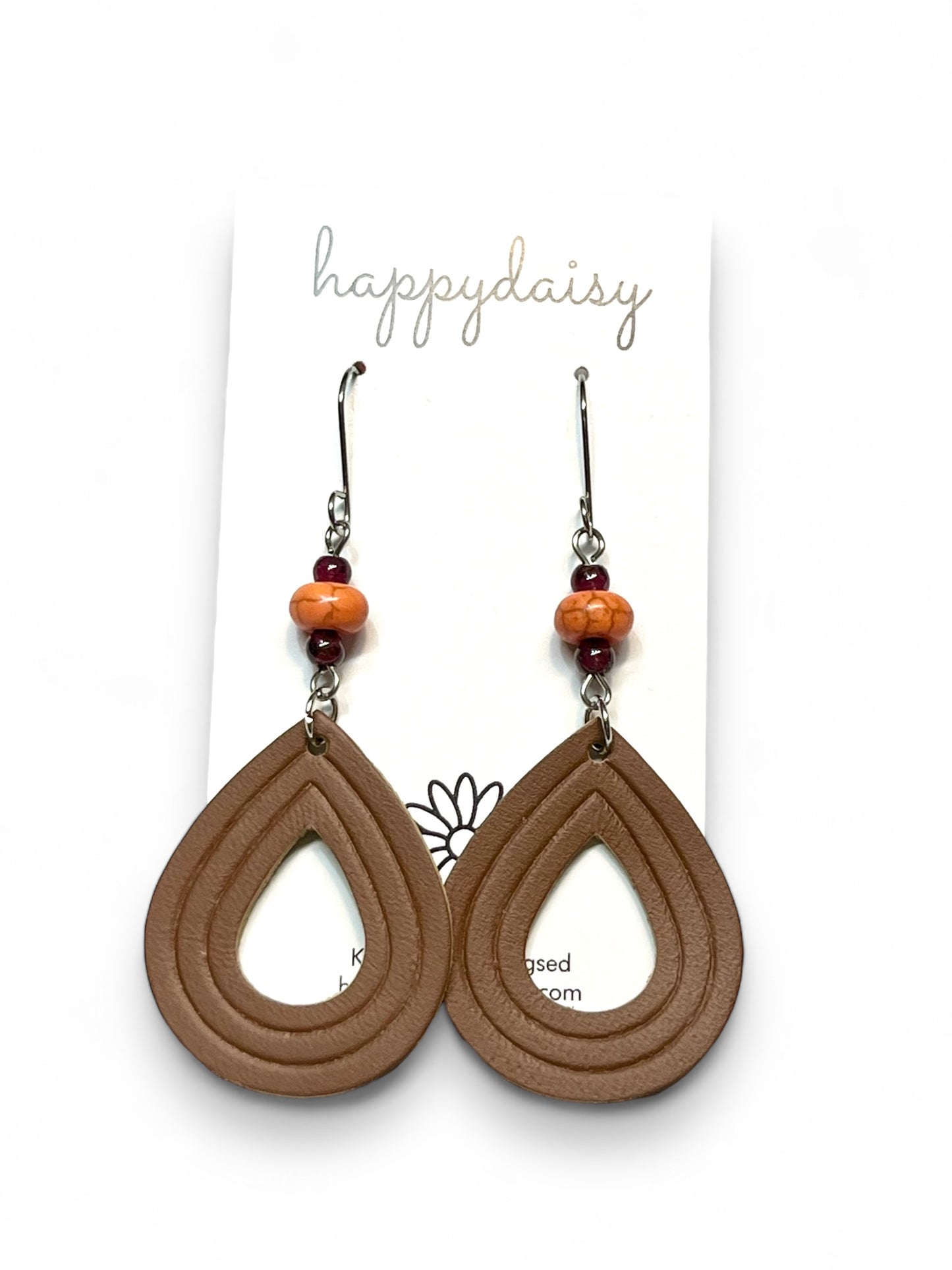 Fall Brown Embossed Teardrop Leather Earrings