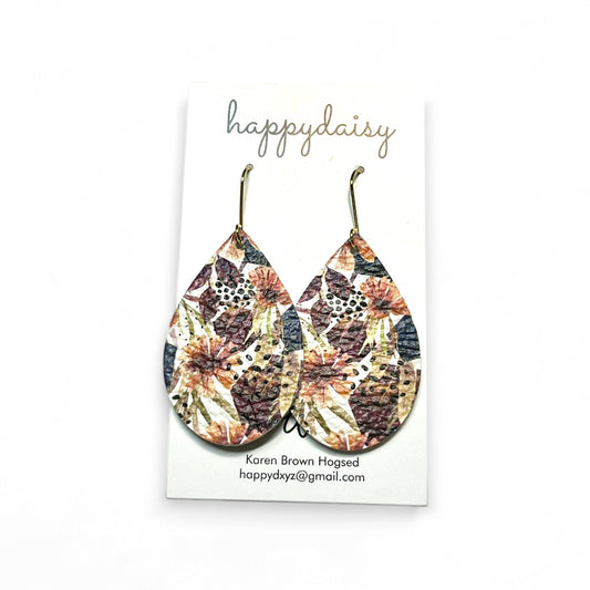 Fall Floral Print Burgandy Orange Leather Teardrop Earrings