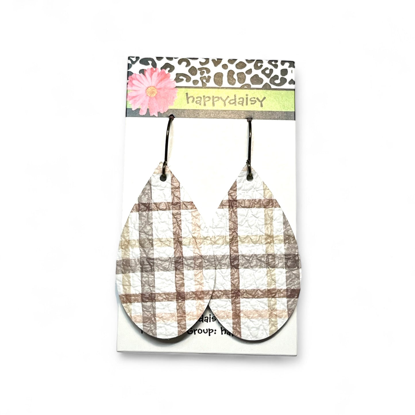 Fall Plaid Print Brown Taupe Tan Leather Teardrop Earrings