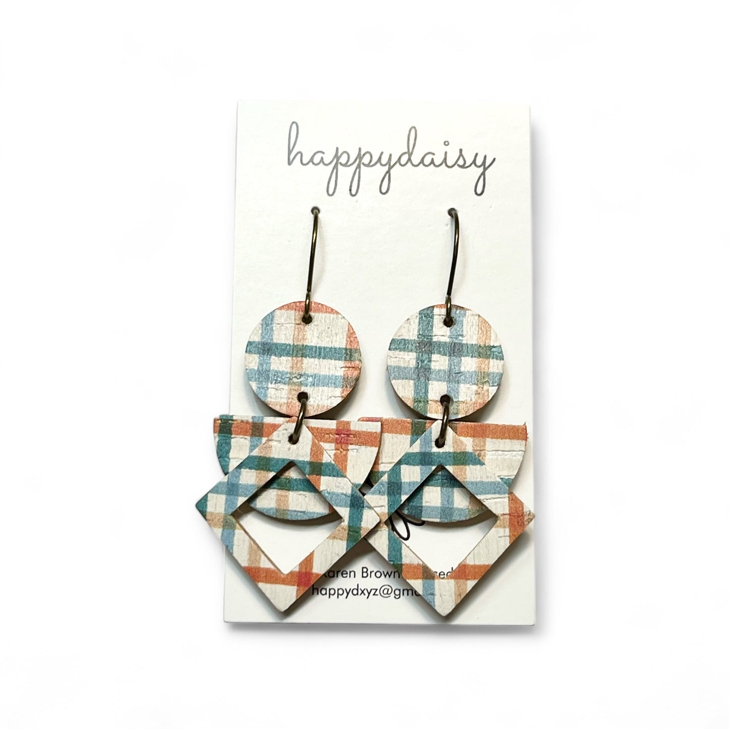 Fall Plaid Orange Turquoise Geometric Cork on Leather Earrings