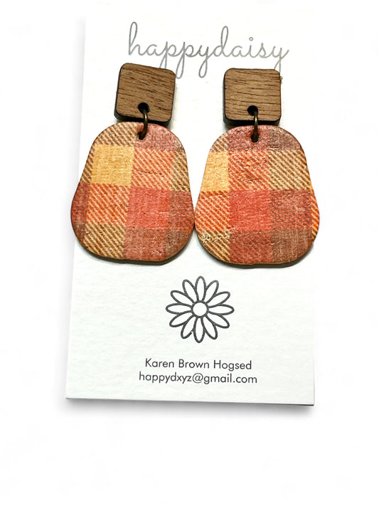 Fall Plaid Orange Yellow Brown Cork on Leather Earrings