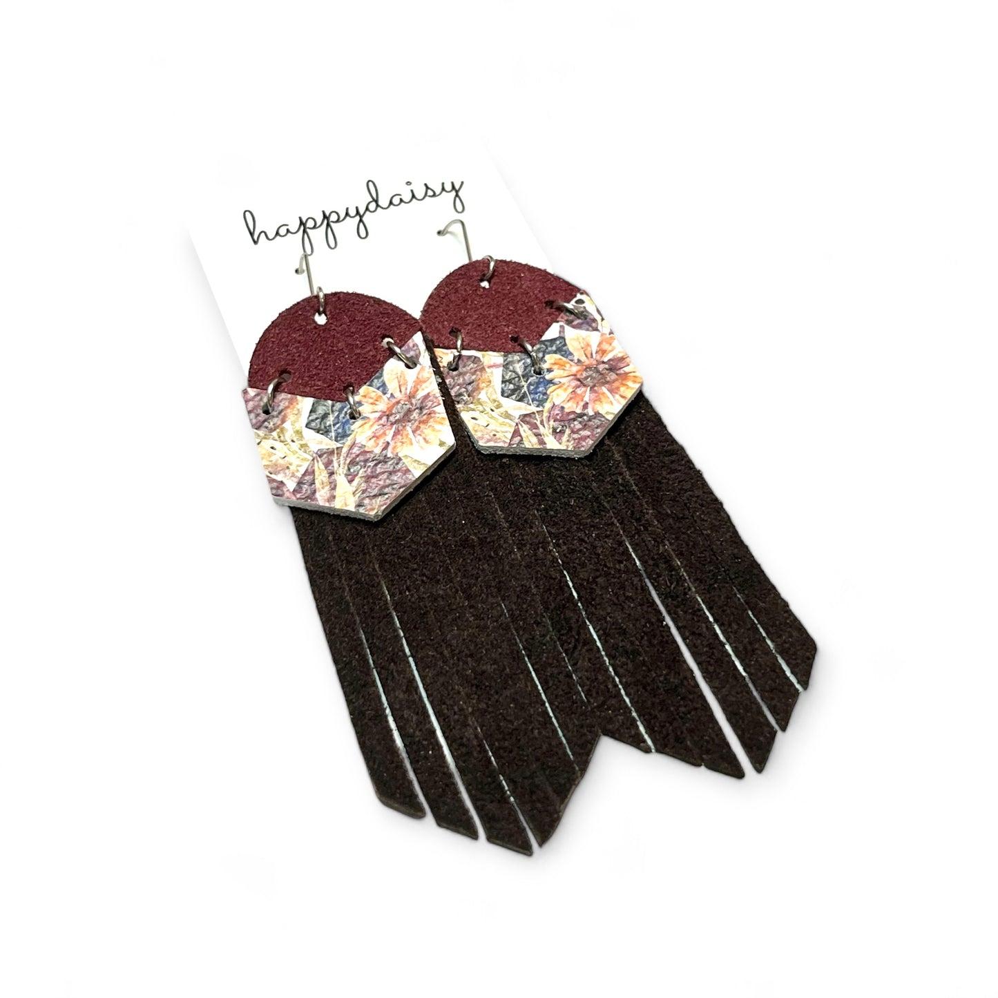 Fall Floral Print, Burgandy, Brown Leather Fringe Earrings