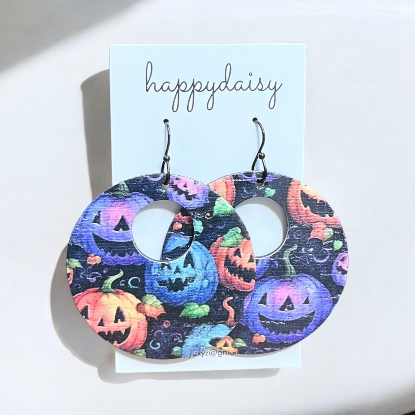 Halloween Jack-o-lantern Print Orange Purple Black Cork on Leather "Mandy" Earrings