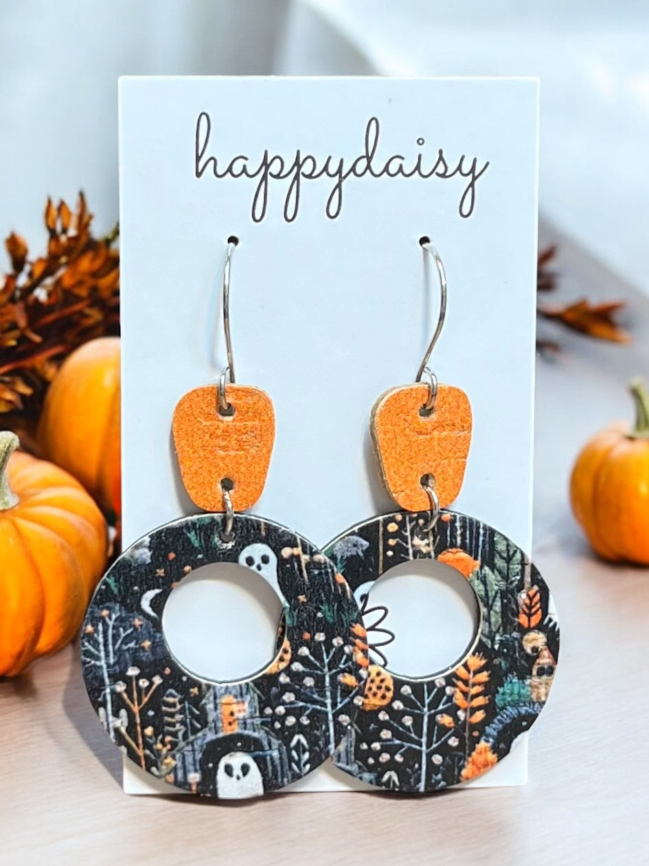 Halloween Print Orange Black Cork on Leather "Mandy" Earrings